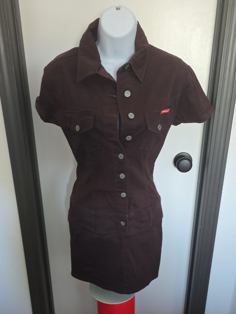 Dickies Dark Brown Button-Front Short Sleeve Shirt Dress